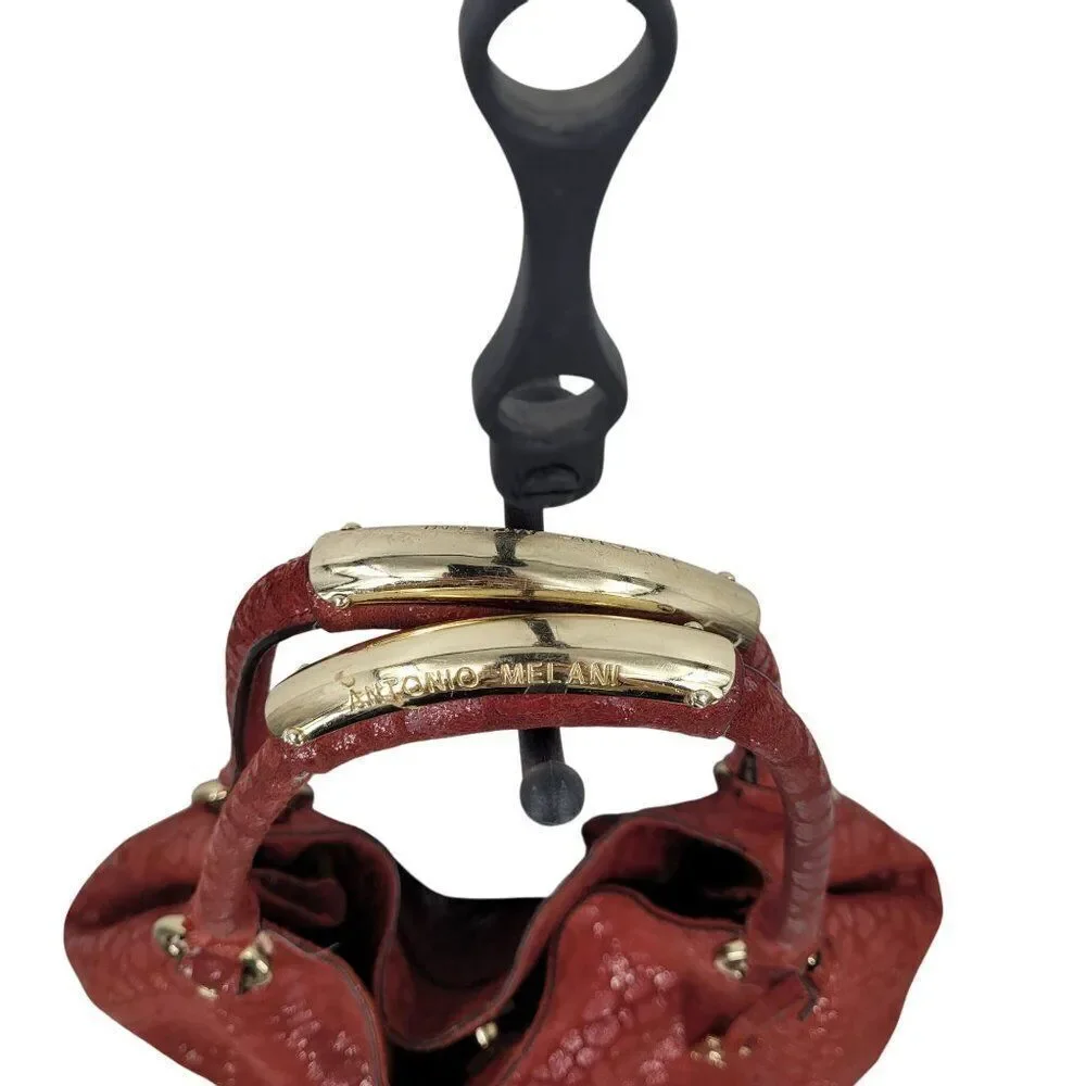 Antonio Melani Red Pebble Textured Leather Hobo Satchel Shoulder Bag Gold Accent